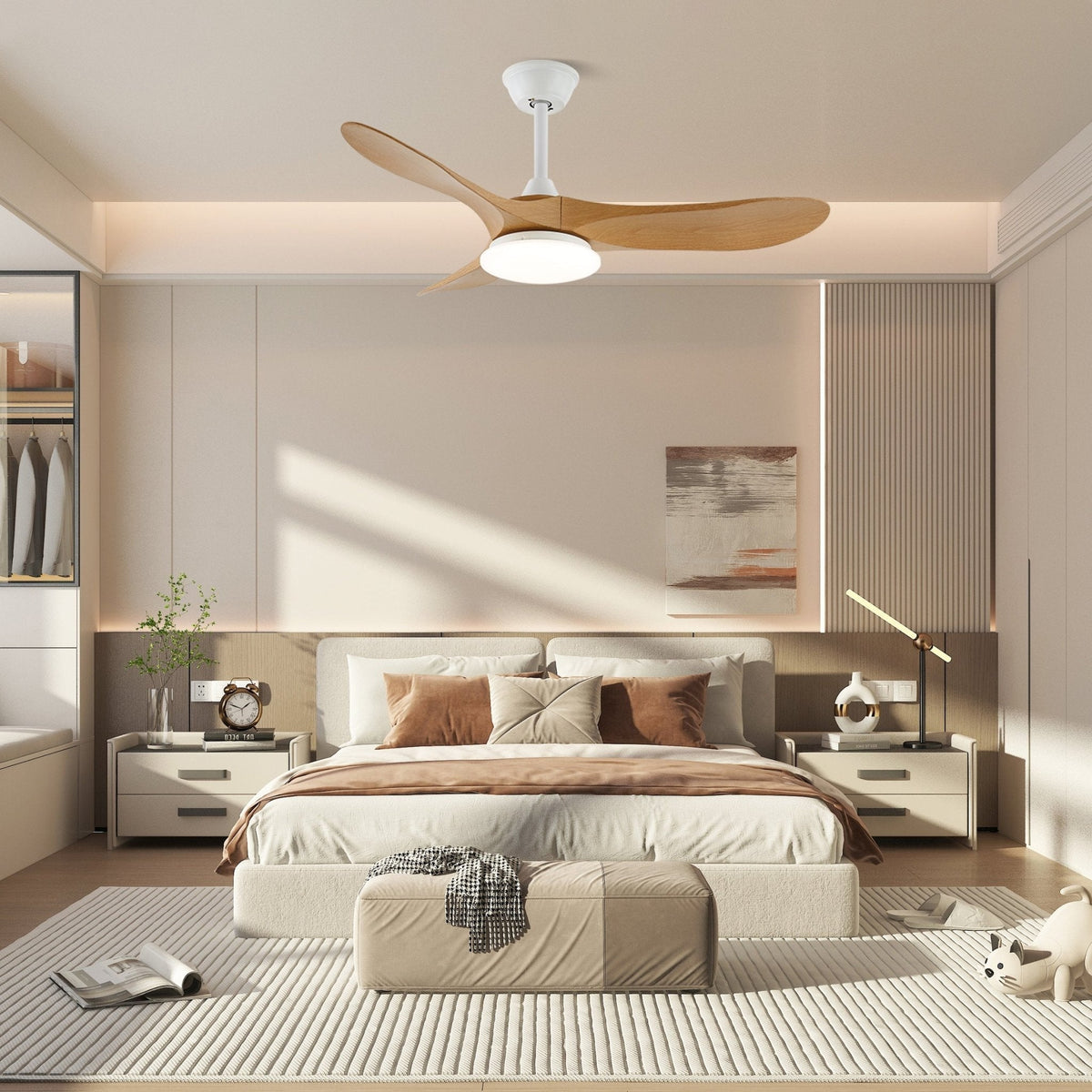 42-52 Inch Walnut & Wood Blade Ceiling Fan with Dimmable LED Light | 6-Speed Reversible DC Motor | Modern Farmhouse Indoor Fan for Bedroom | Lonoma