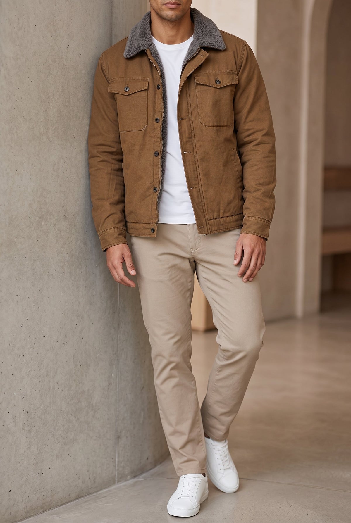 Men's Faux Suede Ranch Jacket Hip-Length Button-Up Western Coat with Contrast Stitching for Casual Everyday Outerwear | Lonoma