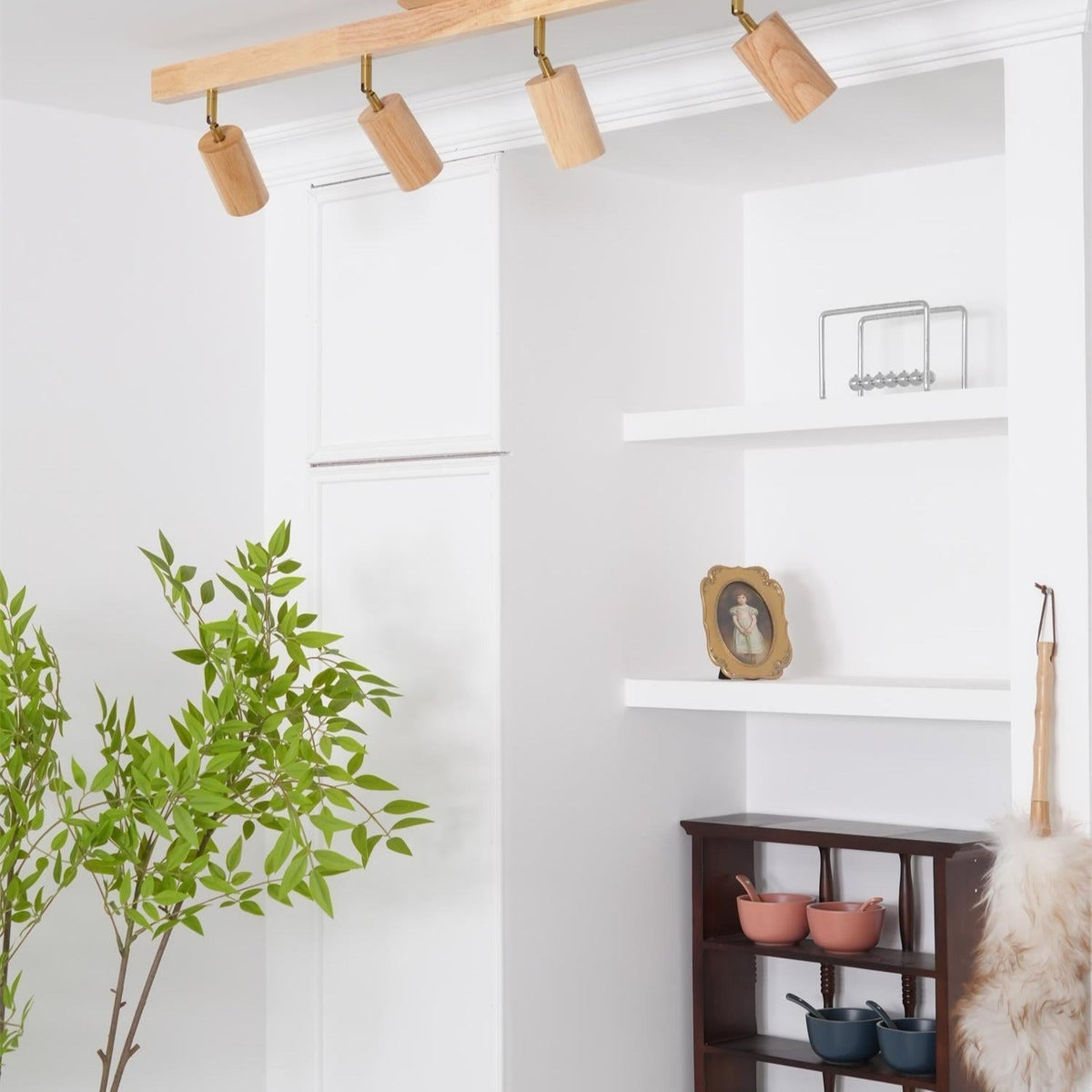 Adjustable Track Light with Wood Accent - 2/3/4/5 Spotlight Heads - Ceiling Mount LED - Warm Light for Kitchen, Hallway, Living Room | Lonoma