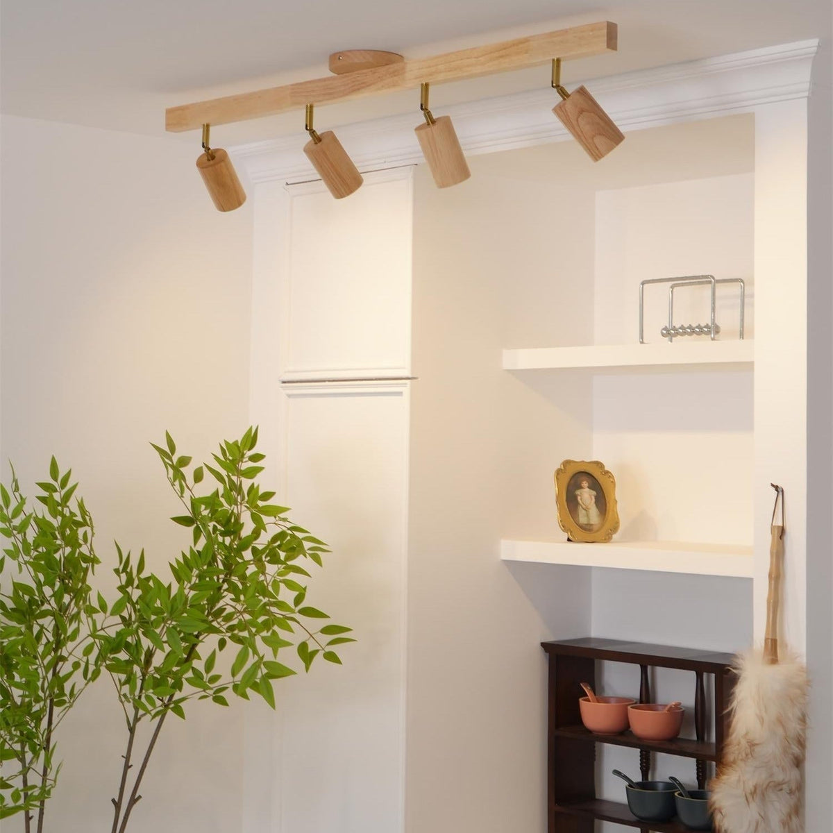 Adjustable Track Light with Wood Accent - 2/3/4/5 Spotlight Heads - Ceiling Mount LED - Warm Light for Kitchen, Hallway, Living Room | Lonoma