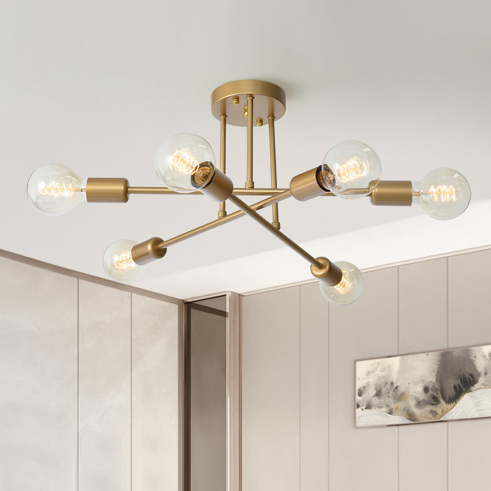 6-Light Ceiling Fixture Mid-Century Starburst Design Gold Metal Arms E26 Socket Sloped Ceiling Compatible Hallway Entryway Dining Room | Lonoma