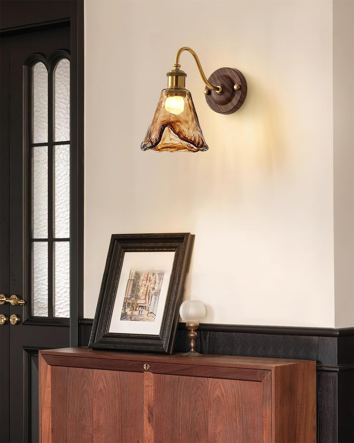 Vintage Wall Sconce with Amber Glass Shade and Brass Finish | Mid-Century Modern Wall Light Fixture for Bedroom Hallway Living Room | Lonoma