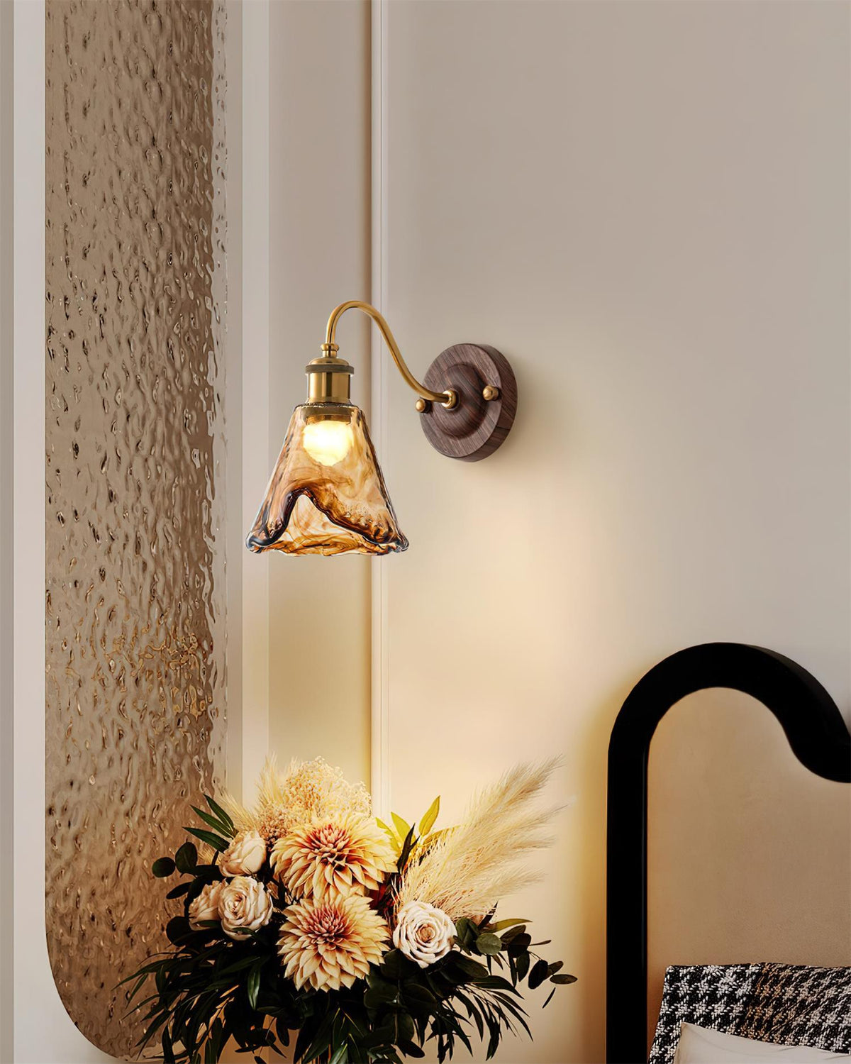 Vintage Wall Sconce with Amber Glass Shade and Brass Finish | Mid-Century Modern Wall Light Fixture for Bedroom Hallway Living Room | Lonoma
