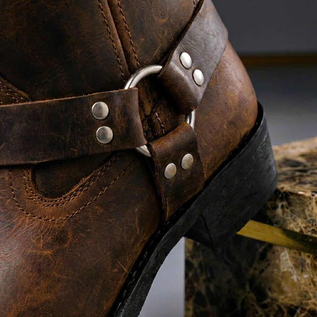 Men's Western Harness Boots Handcrafted Leather Ankle Boot Cognac Tan Black for Casual Outfits Jeans Vintage Biker Style | Lonoma