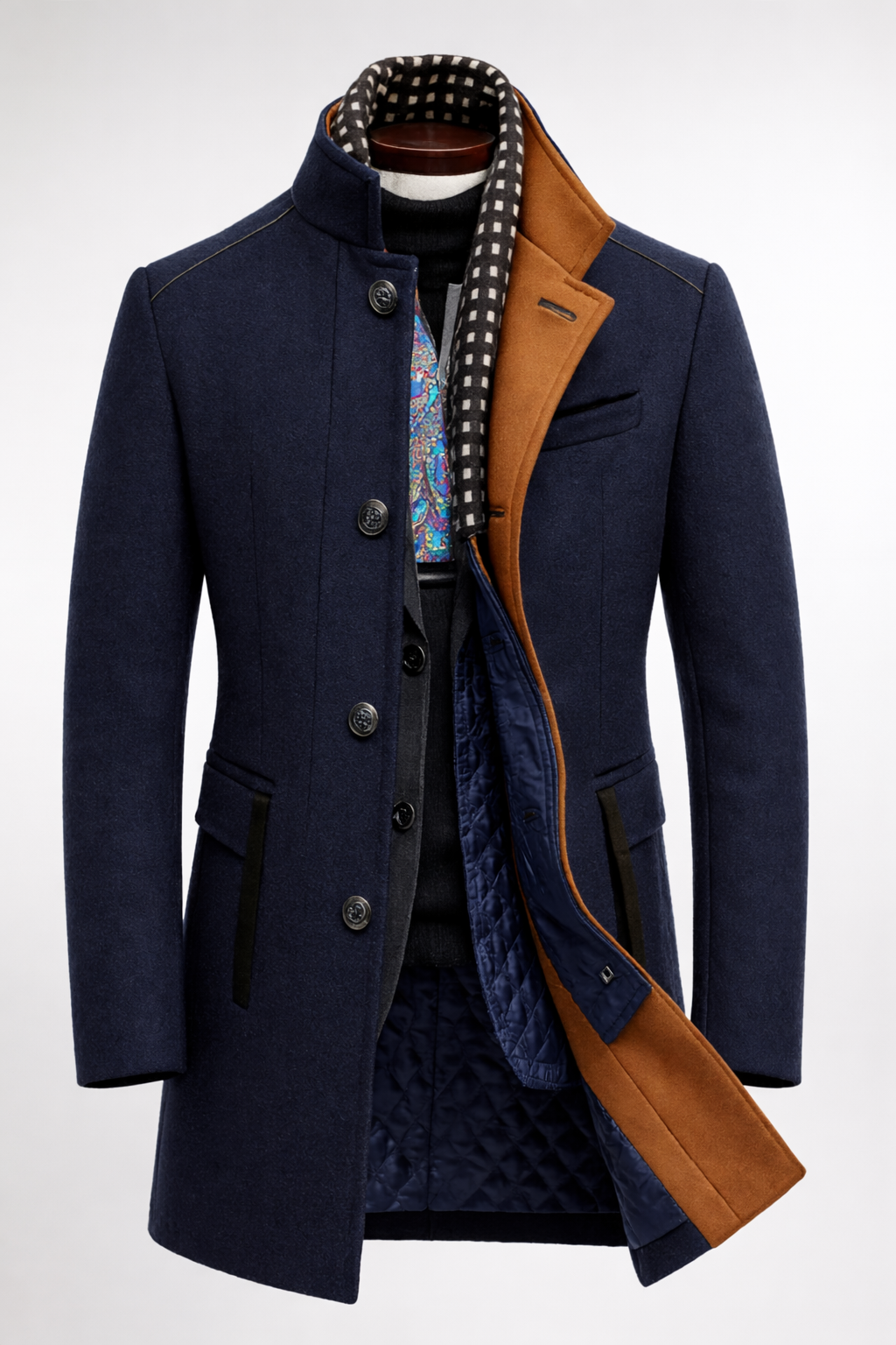 Men's Insulated Wool Blend Overcoat with Standing Collar & Quilted Interior for Winter | Lonoma