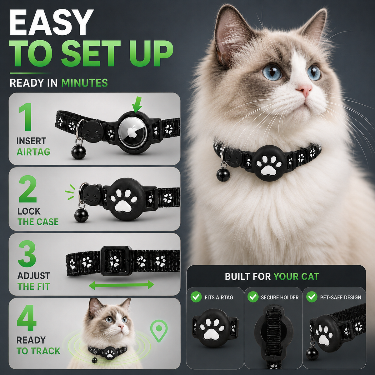 Cat Collar with Adjustable Safety Buckle Reflective Paw Print Design Waterproof Silicone for Cats & Small Dogs 4 Colors | Lonoma