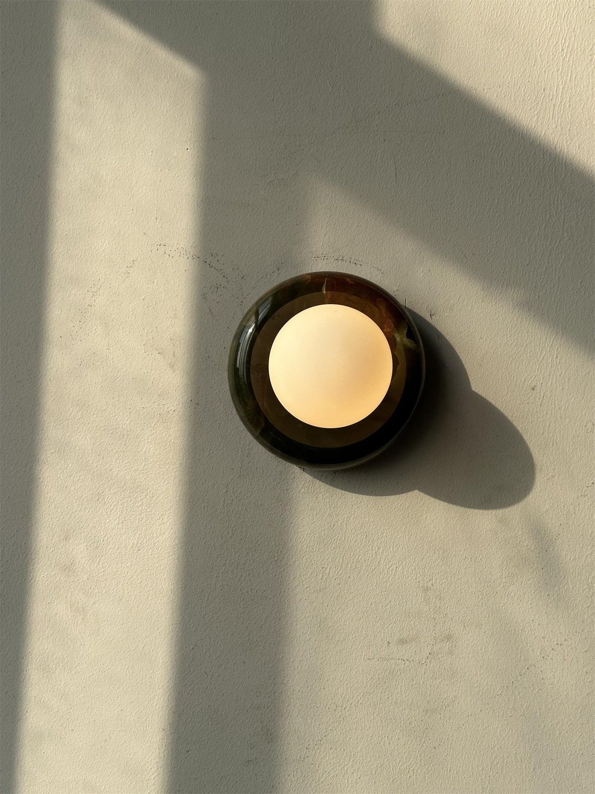 Round Natural Stone Wall Sconce with Glass Shade – Genuine Jade Accent Light 5.5 Inches for Bedroom Hallway Living Room | Lonoma