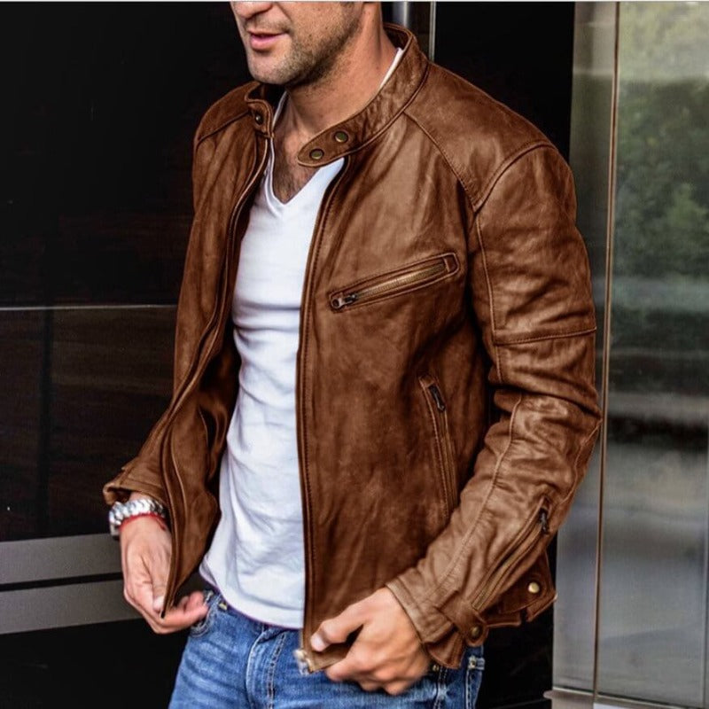 Men's Genuine Leather Motorcycle Jacket with Stand Collar and Zipper Pockets for Fall | Water-Resistant Bomber Jacket for Casual Everyday | Lonoma