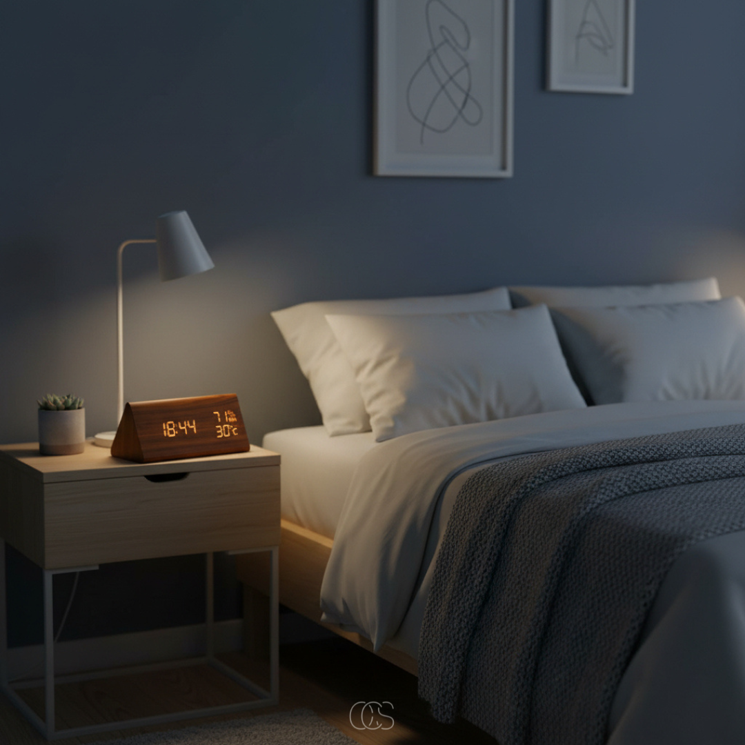 Wooden LED Alarm Clock with Temperature & Humidity Display, Silent Digital Bedside Clock, Dimmable, USB Charging Ports, Brown | Lonoma