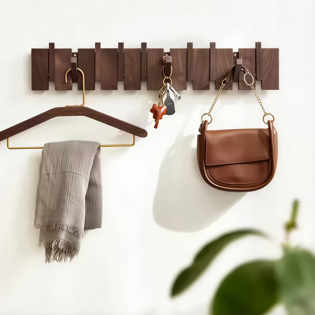Solid Oak Wall Mounted Coat Rack with Fold-Down Hooks, Modern Entryway Hat & Coat Hooks for Hallway, Bedroom, Closet Organization | Lonoma