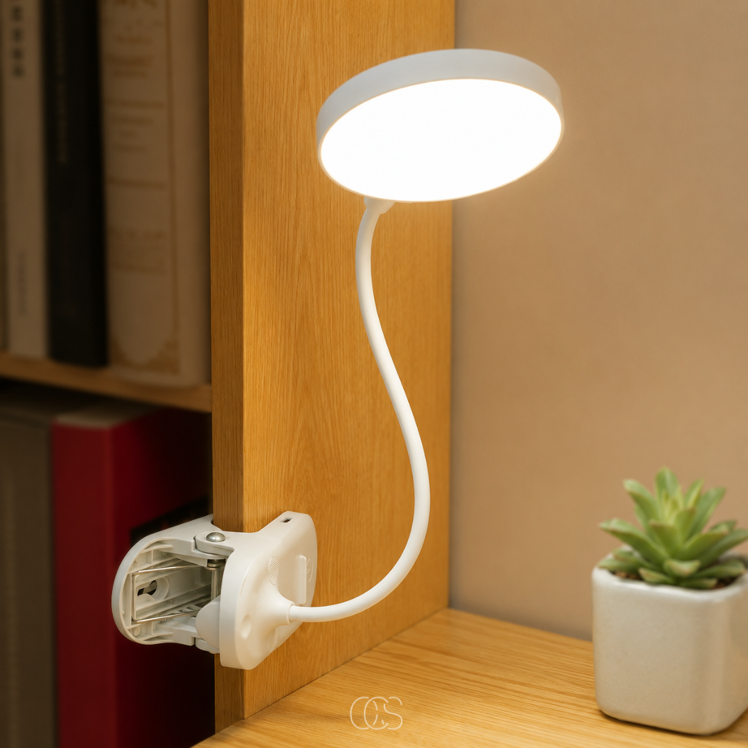Rechargeable Clip-On Reading Lamp, White Cordless LED with 360° Flexible Gooseneck for Desk, Bed, Bookshelf, Headboard & Travel Use | Lonoma