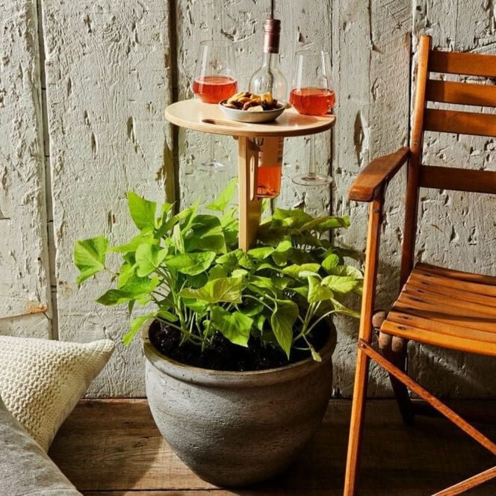 Portable Wooden Wine Table with Ground Stake, Bottle & 2 Glass Holder for Outdoor Picnic, Garden, Patio, Beach and Park | Lonoma