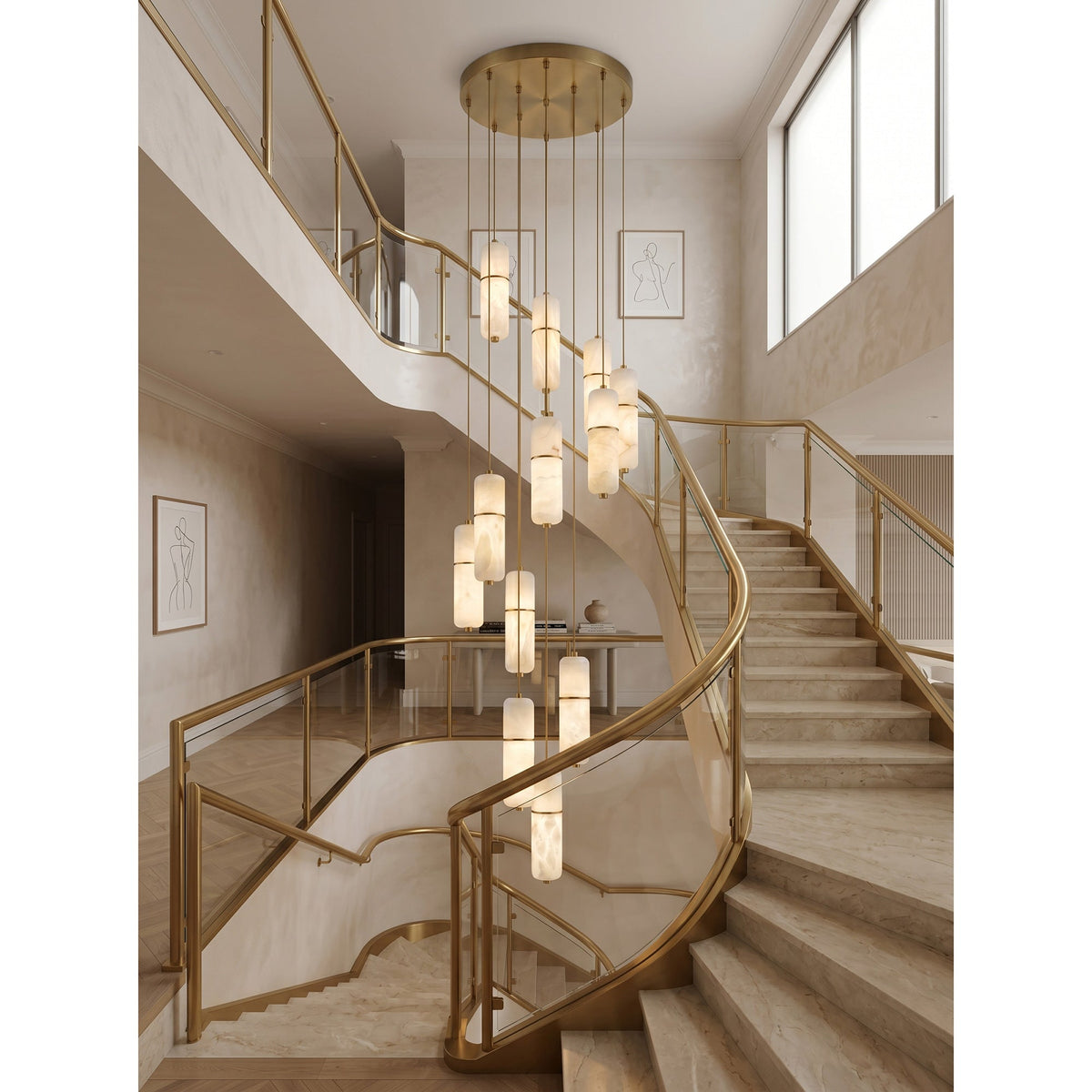 LED Alabaster Pendant Light Brass Finish Adjustable Wire Multi-Light Chandelier for Dining Room Kitchen Island Stairwell | Lonoma