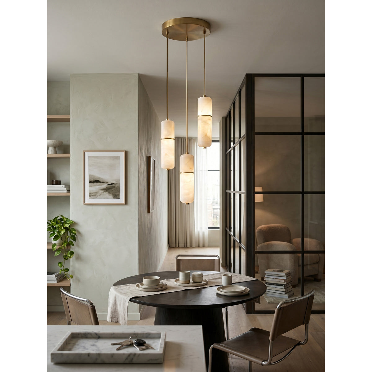 LED Alabaster Pendant Light Brass Finish Adjustable Wire Multi-Light Chandelier for Dining Room Kitchen Island Stairwell | Lonoma