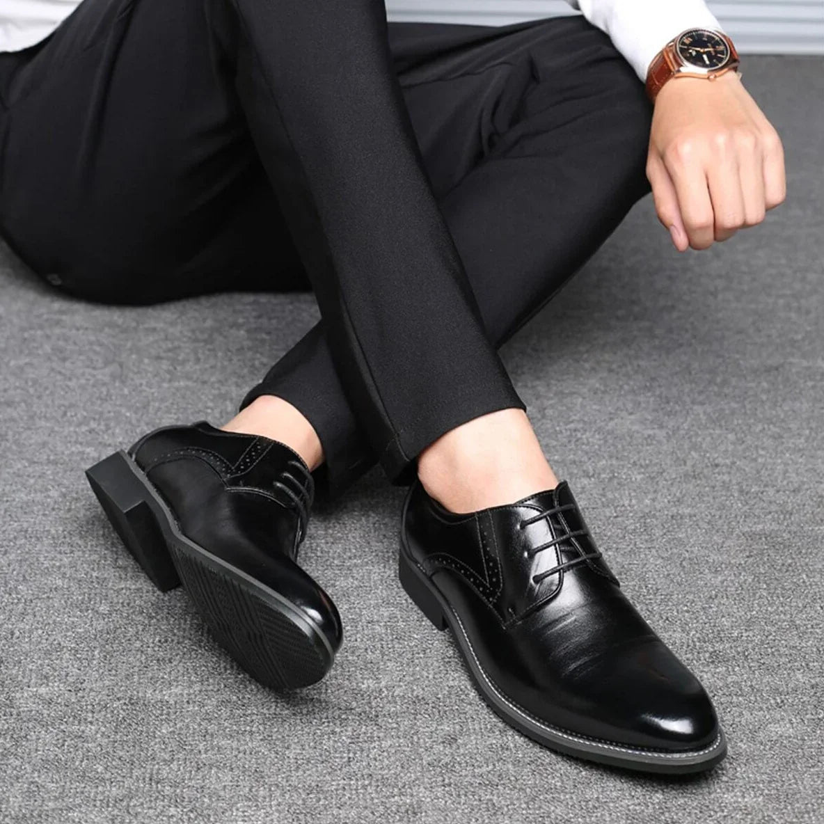 Men's Leather Dress Shoes Classic Oxford Brogues with Wingtip Perforation for Business Wedding Formal Office Suit Footwear | Lonoma