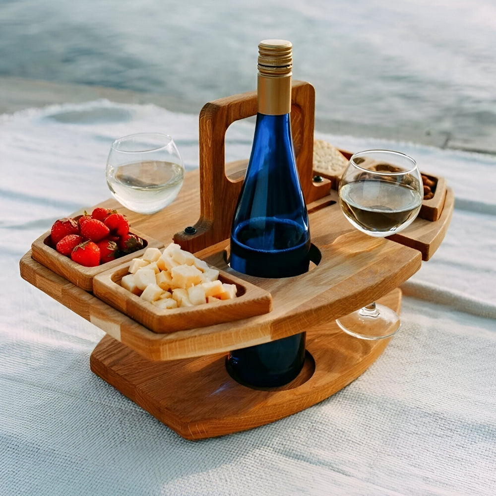 Folding Wooden Picnic Tray with Wine Glass & Bottle Holders, Portable Outdoor Serving Tray for Beach, Camping & Garden | Lonoma