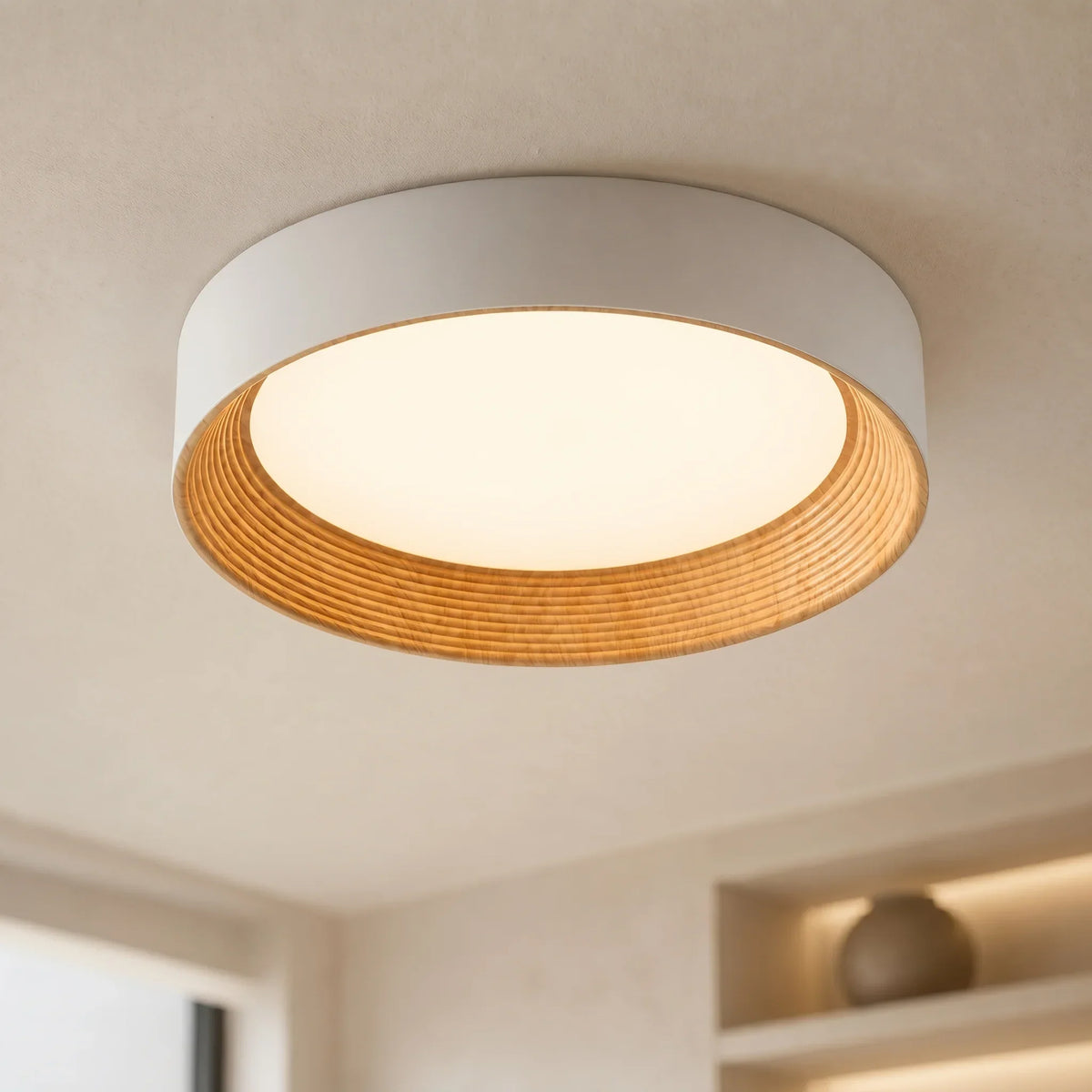 Modern Round Flush Mount Ceiling Light, Integrated LED, Warm White, Scandinavian Wood Frame for Bedroom, Hallway & Entryway | Lonoma