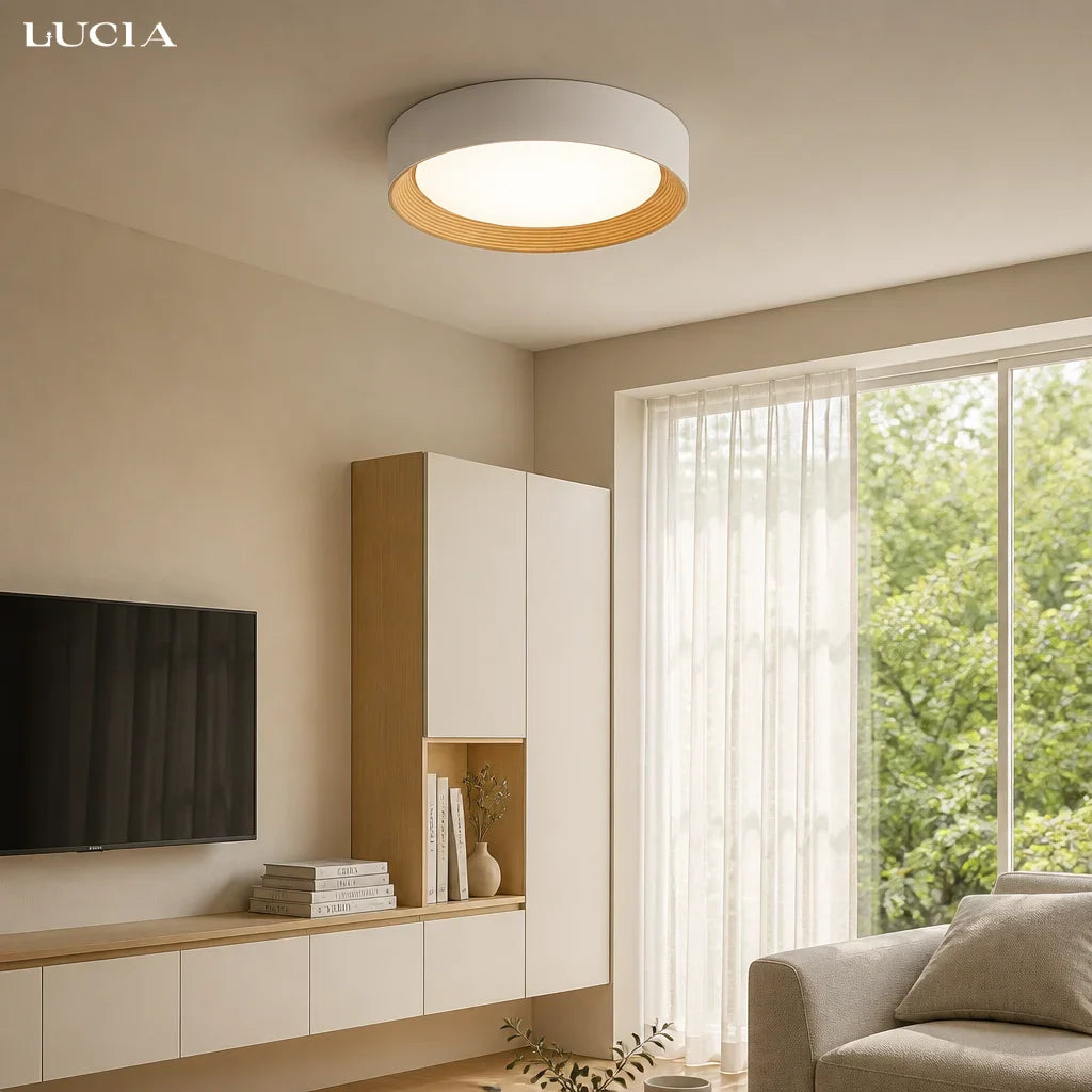 Modern Round Flush Mount Ceiling Light, Integrated LED, Warm White, Scandinavian Wood Frame for Bedroom, Hallway & Entryway | Lonoma