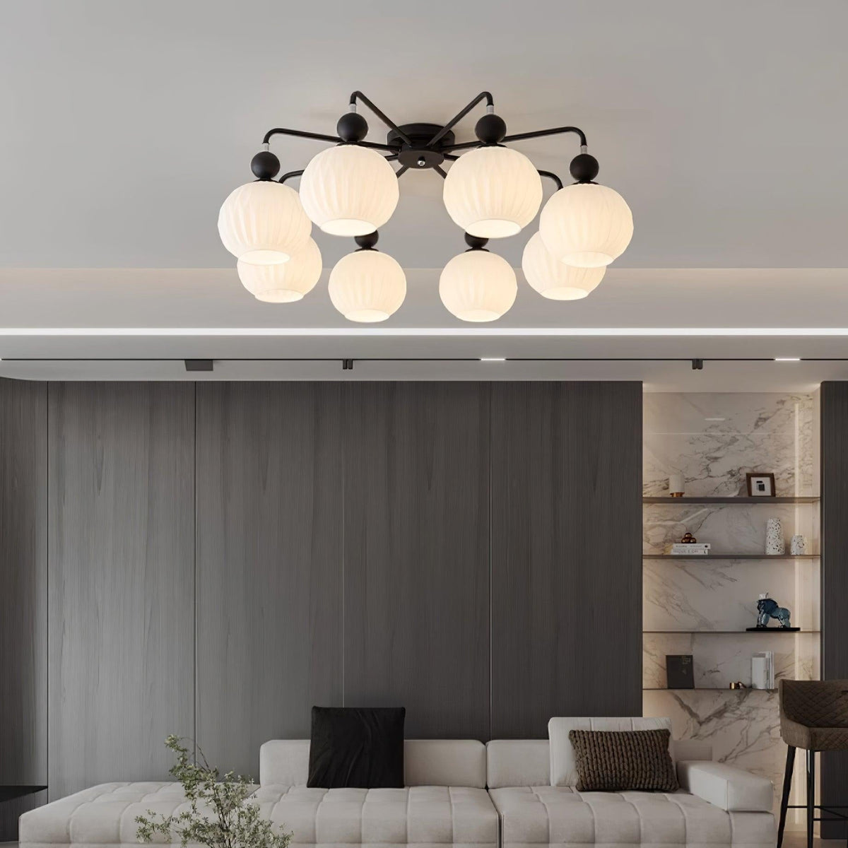 Sculptural Semi-Flush Ceiling Light with Rippled Glass Globes for Dining Room | Modern Multi-Arm Chandelier Fixture | Lonoma