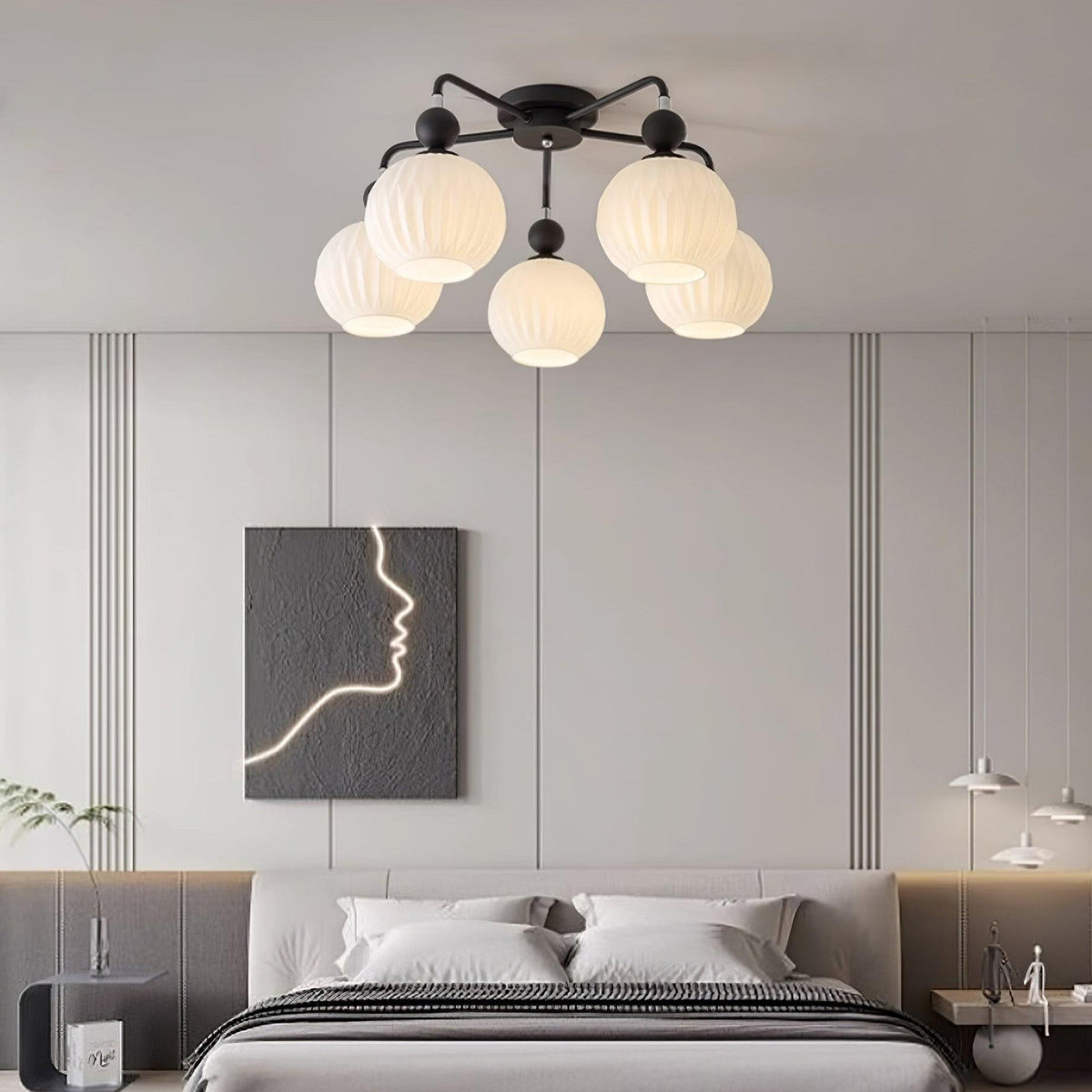 Sculptural Semi-Flush Ceiling Light with Rippled Glass Globes for Dining Room | Modern Multi-Arm Chandelier Fixture | Lonoma