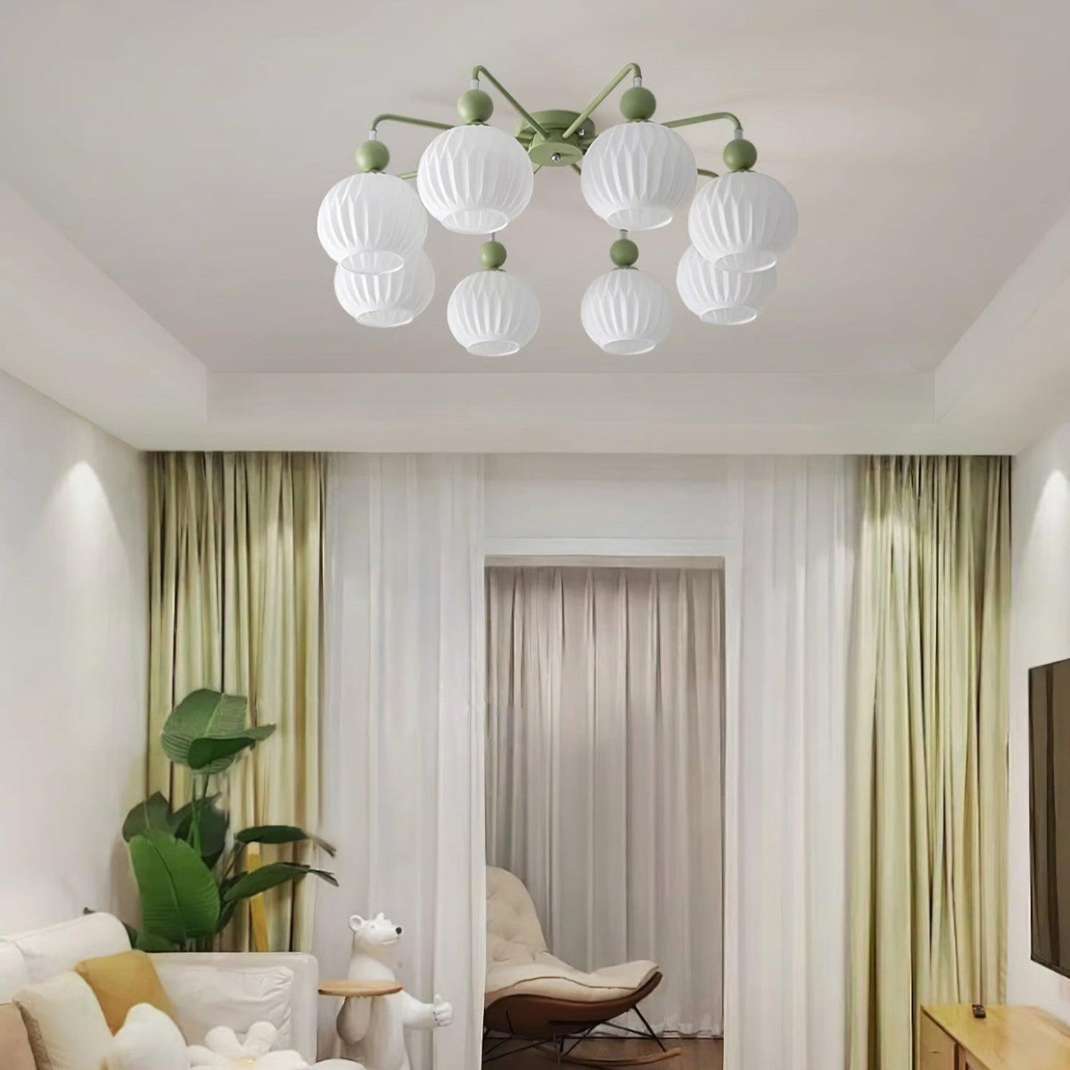 Sculptural Semi-Flush Ceiling Light with Rippled Glass Globes for Dining Room | Modern Multi-Arm Chandelier Fixture | Lonoma