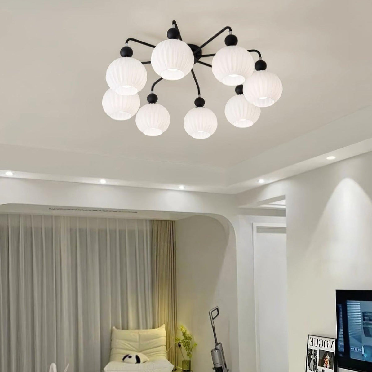 Sculptural Semi-Flush Ceiling Light with Rippled Glass Globes for Dining Room | Modern Multi-Arm Chandelier Fixture | Lonoma