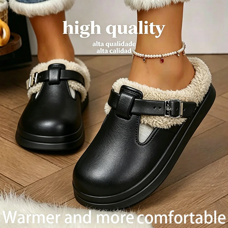 Women's Faux Fur Lined Slippers Cozy Plush Memory Foam House Shoes with Metal Buckle Thick Sole Non-Slip Indoor Mules for Cold Weather | Lonoma