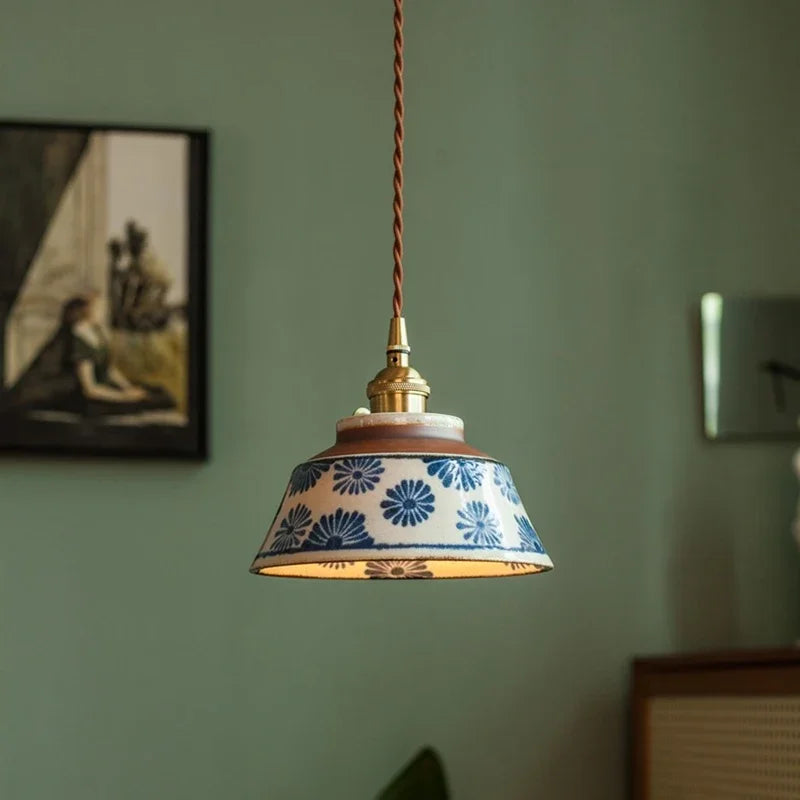 Hand-Painted Ceramic Pendant Light with Floral Design and Copper Mount, Nordic Style Hanging Lamp for Dining Room, Kitchen, Bedroom | Lonoma