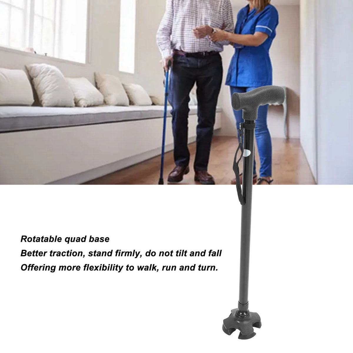 Quad Base Walking Cane with 10 Height Adjustments, Non-Slip Rubber Tip, Foldable Lightweight Aluminum Support Aid for Seniors, Stability Cane | Lonoma