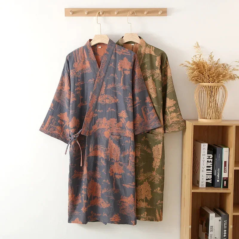 Men's Cotton Kimono Robe Blue Green Printed Long Lightweight Bathrobe V-Neck Spa Wrap for Spring Summer Fall Loungewear Sleepwear | Lonoma