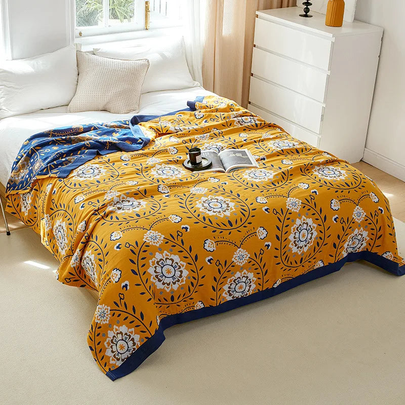Lightweight Cotton Gauze Blanket Floral King Size Breathable Summer Coverlet for Bed Sofa Throw All-Season | Lonoma