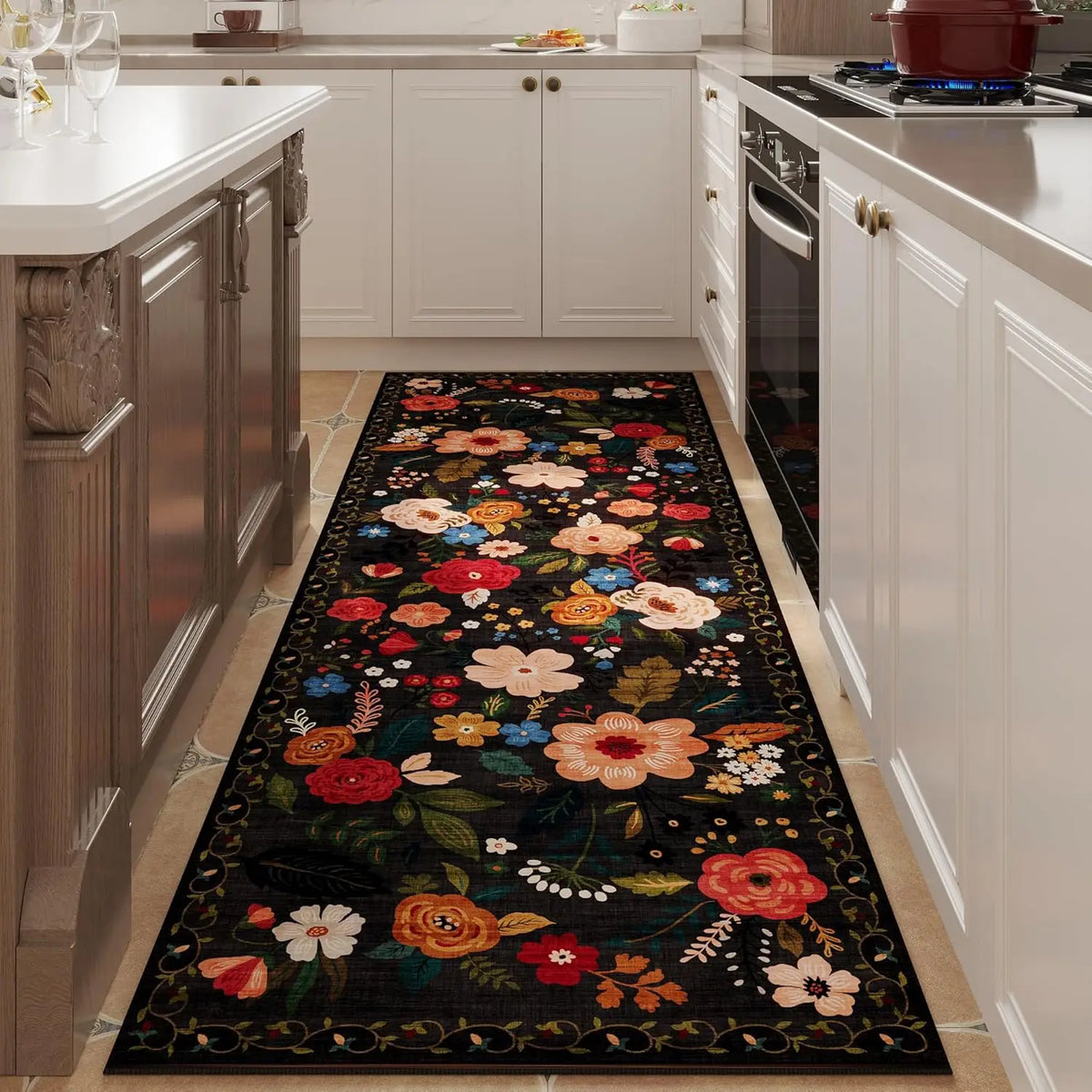 Non-Slip Hallway Runner Rug with Floral Pattern Machine Washable Kitchen Floor Mat Rubber Backing for Entryway Home Indoor Decor | Lonoma