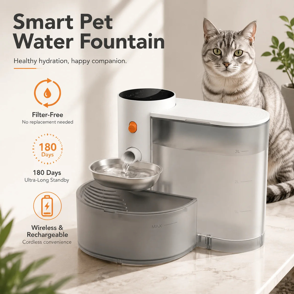 Rechargeable Pet Water Fountain 3L Automatic Drinking Bowl Cordless Battery Operated Self-Filling Cat Dog Dispenser for Indoor Use | Lonoma