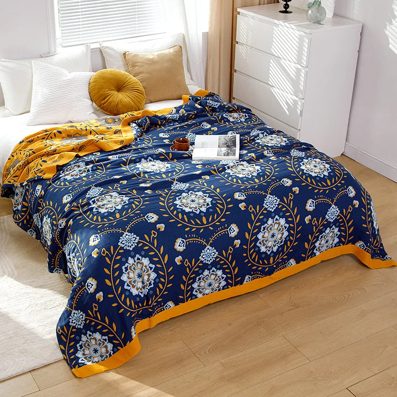Lightweight Cotton Gauze Blanket Floral King Size Breathable Summer Coverlet for Bed Sofa Throw All-Season | Lonoma