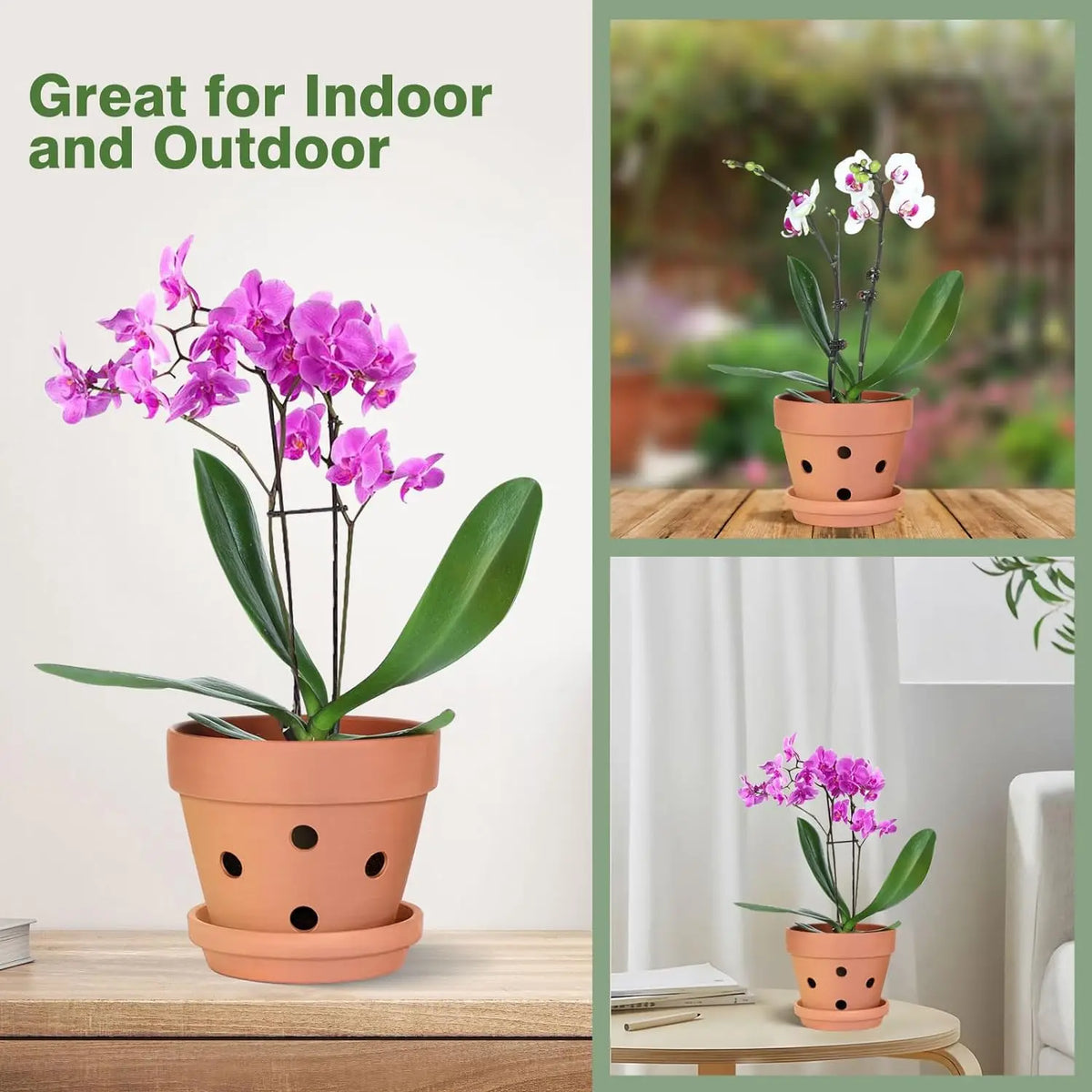 4-Inch Terra Cotta Orchid Pots with Drainage Holes and Saucers, Set of 6 Clay Plant Pots for Indoor Outdoor Orchids, Succulents, Small Plants | Lonoma