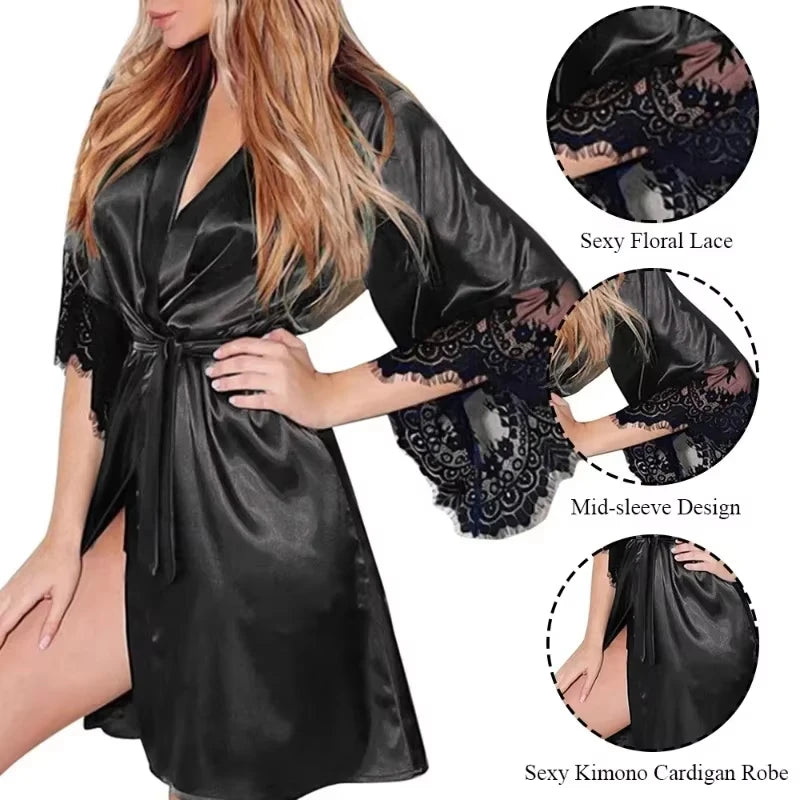 Satin Sleepwear Set with Floral Lace Trim for Women | Elegant Lounge Robe Nightgown Lingerie Sleep Dress Intimate Apparel for Bedroom | Lonoma