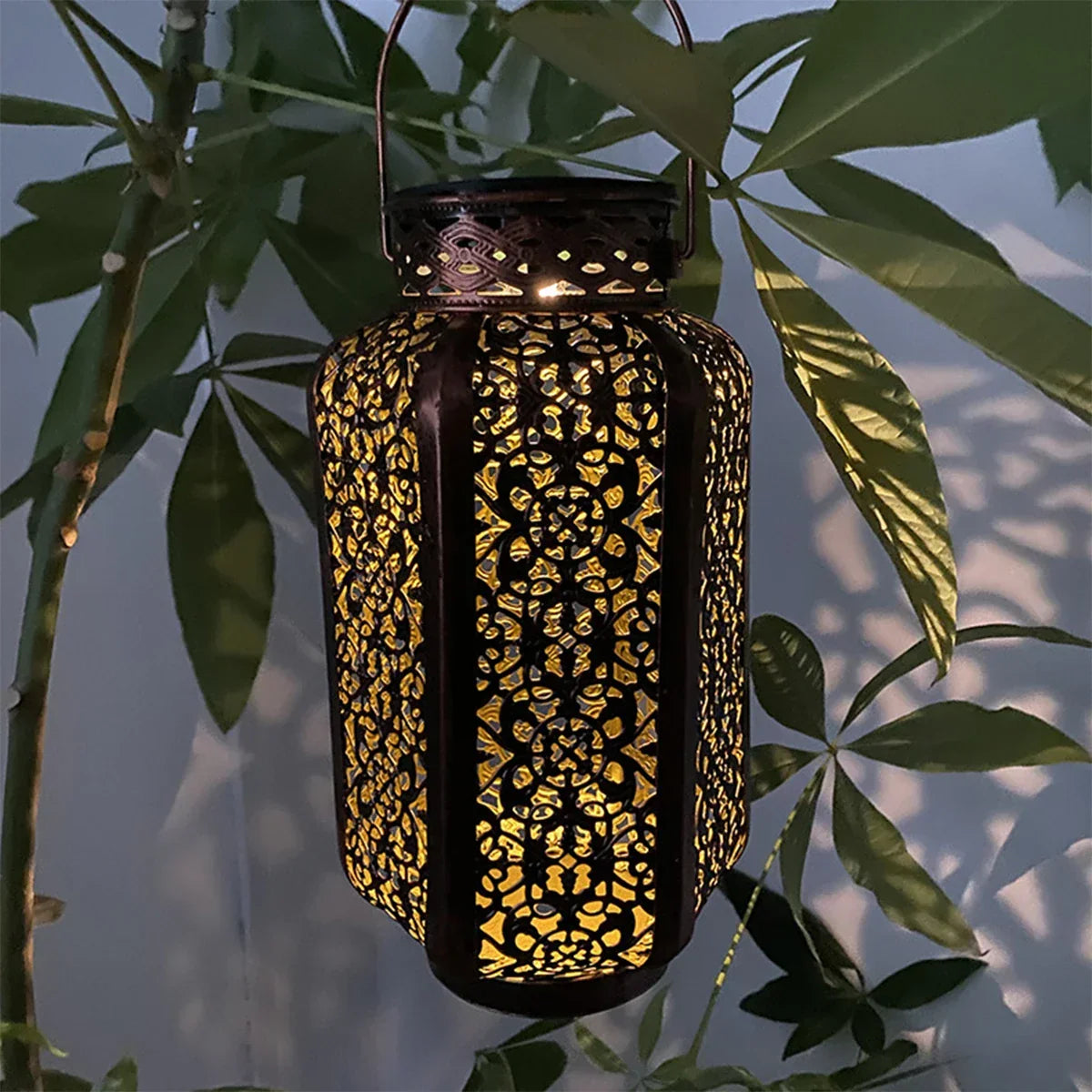 Solar Lantern, Copper-Tone Iron with Oriental Cutout Design, 9.25 in Outdoor Hanging Light for Garden, Patio & Balcony Decor | Lonoma