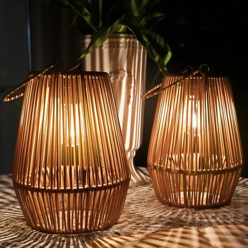 Solar Lantern Outdoor Woven Rattan-Look LED, IP65 Waterproof Hanging Garden Light with Dusk-to-Dawn Sensor for Patio, Balcony & Porch | Lonoma