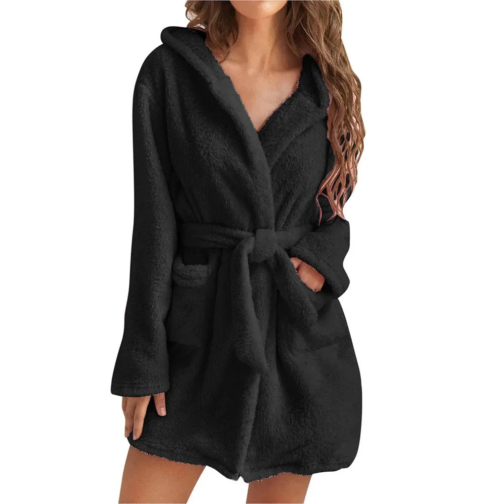 Women's Hooded Bathrobe with Belt Cotton Terry Cloth Robe Long Sleeve Spa Lounge Wear Absorbent Towel Robe for Shower | Lonoma