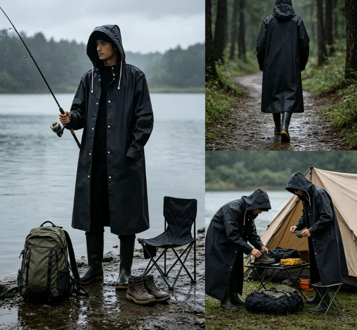 Zwarte modieuze waterdichte lange regenjas voor volwassenen, dames en heren, met capuchon, voor buitenactiviteiten zoals wandelen, reizen, vissen en klimmen, verdikt.