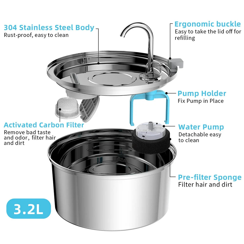 USB Pet Hydration Station Stainless Steel 3L Circulating Bowl for Cats and Dogs with Dual Filters Silent Pump for Multi-Pet Homes | Lonoma