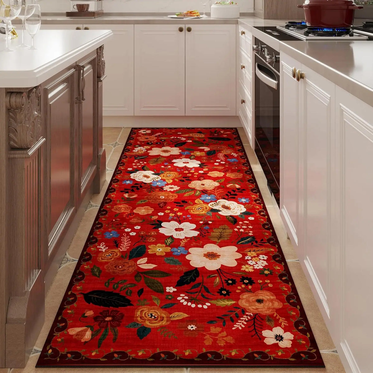 Non-Slip Hallway Runner Rug with Floral Pattern Machine Washable Kitchen Floor Mat Rubber Backing for Entryway Home Indoor Decor | Lonoma