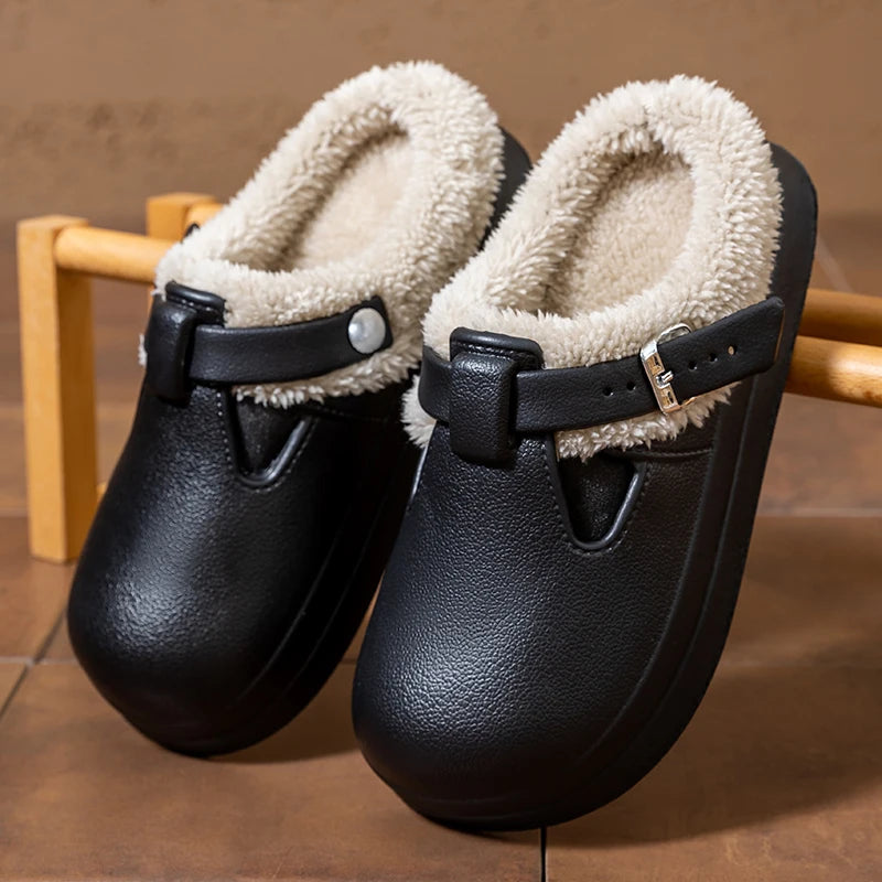 Women's Faux Fur Lined Slippers Cozy Plush Memory Foam House Shoes with Metal Buckle Thick Sole Non-Slip Indoor Mules for Cold Weather | Lonoma