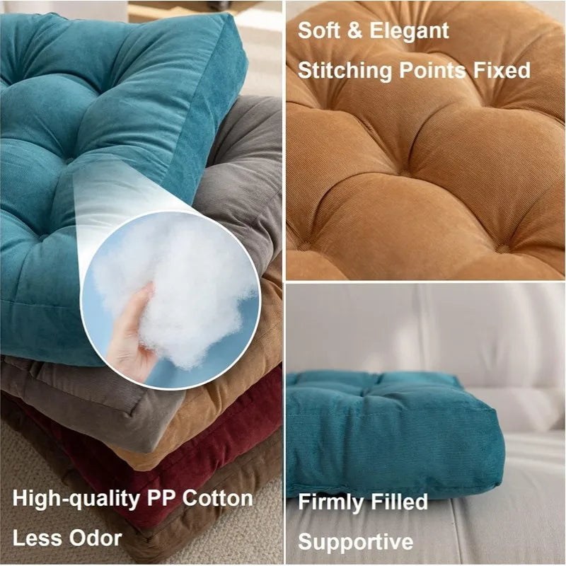 Tufted Square Floor Cushion 18 × 18 in or 21 × 21 in for Meditation, Yoga, Reading & Seating Corduroy Polyester Filled Thick Padded Mat | Lonoma