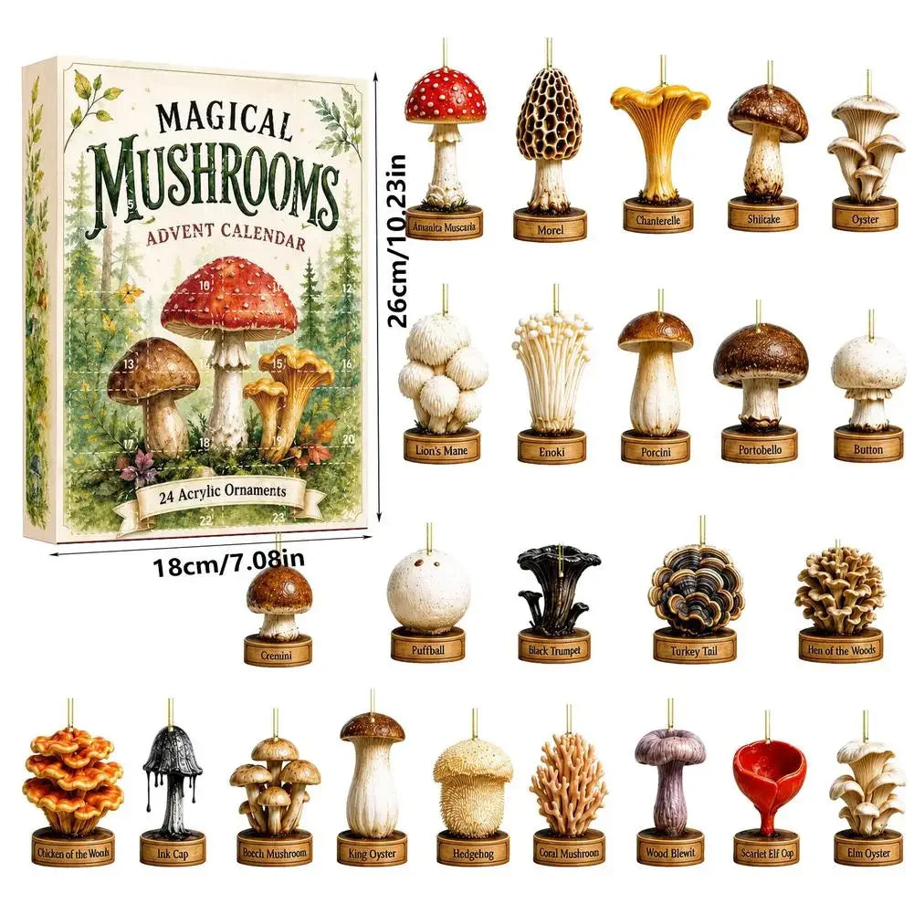 Holiday Countdown Calendar 24-Day Mushroom Acrylic Ornaments Surprise Box with Retro Charms for Christmas Tree Decor and Collecting | Lonoma