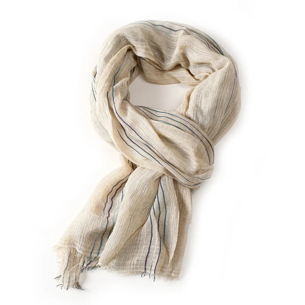Cotton Linen Striped Scarf with Fringe for Fall Winter | Lightweight Unisex Shawl Wrap | Breathable Neck Scarf 79x30 in | Men Women Fashion | Lonoma