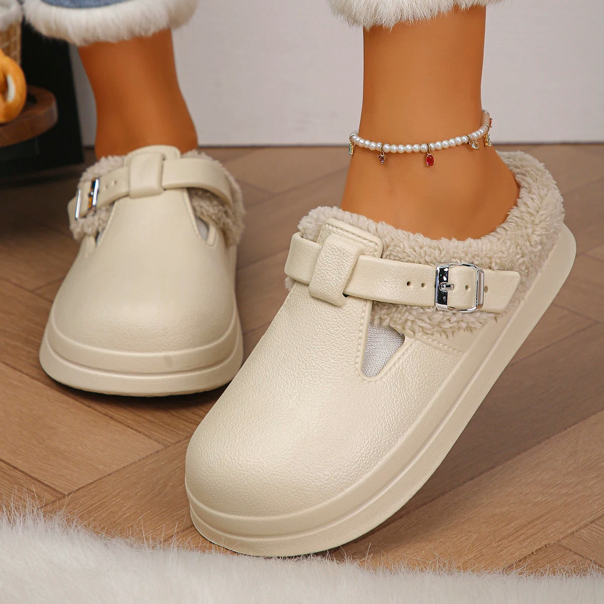 Women's Faux Fur Lined Slippers Cozy Plush Memory Foam House Shoes with Metal Buckle Thick Sole Non-Slip Indoor Mules for Cold Weather | Lonoma