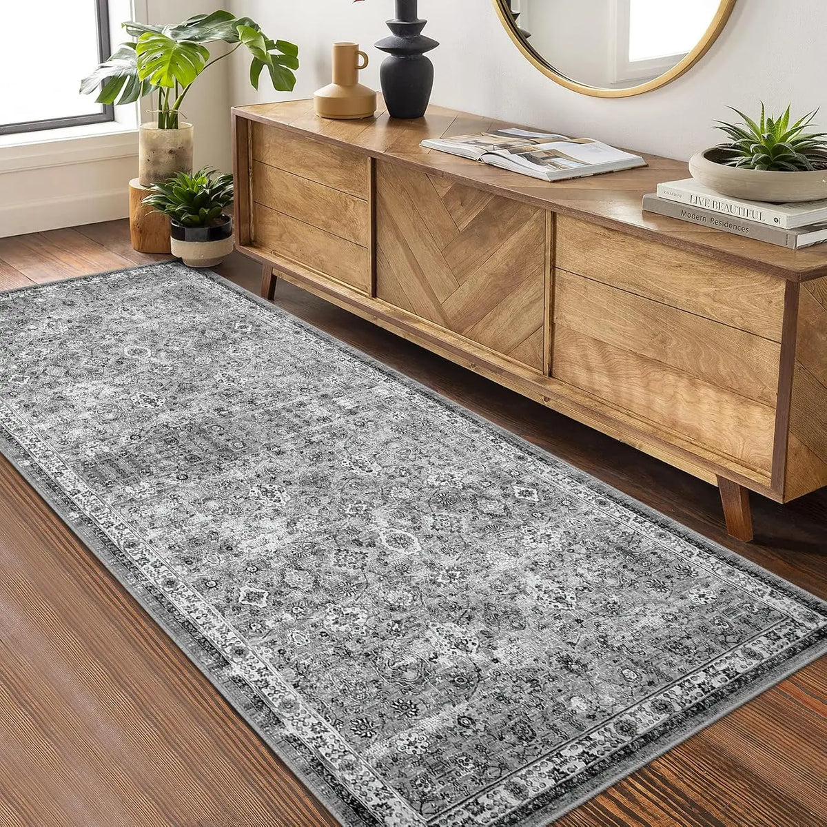 Boho Runner voor keuken, hal, slaapkamer, grijs vintage wasbaar vloerkleed, korte pool, antislip vloerkleed voor entreehal