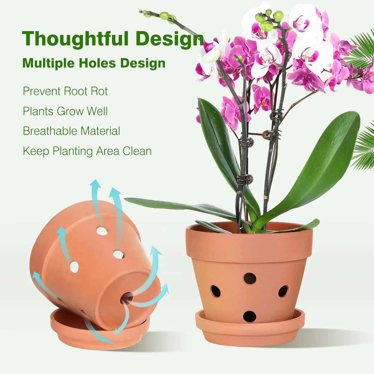 4-Inch Terra Cotta Orchid Pots with Drainage Holes and Saucers, Set of 6 Clay Plant Pots for Indoor Outdoor Orchids, Succulents, Small Plants | Lonoma