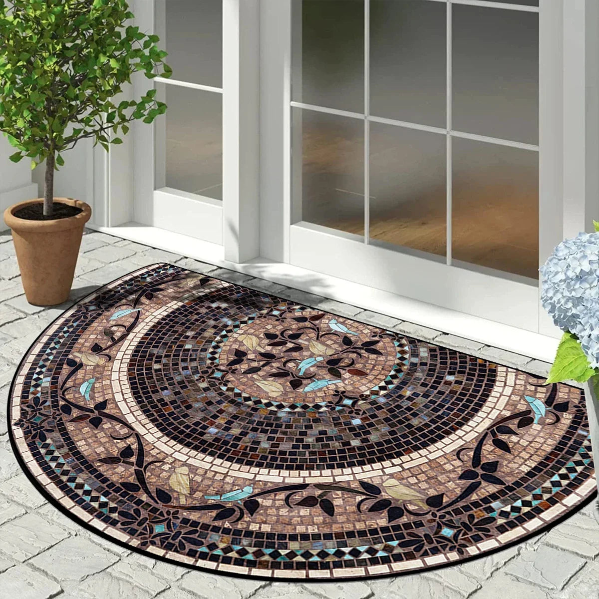 Half-Moon Non-Slip Doormat Geometric Mosaic Print for Entry Patio | Vintage Floral Patchwork Design Indoor Outdoor Mat | Lonoma